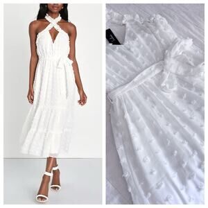 Lulus White Dot Halter Midi Dress SMALL (Fits Medium) Bridal. Beach. Summer. $79